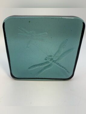 Vintage Recycled Glass Dragonfly Paperweight Block 4" Square Aqua Teal Trivet